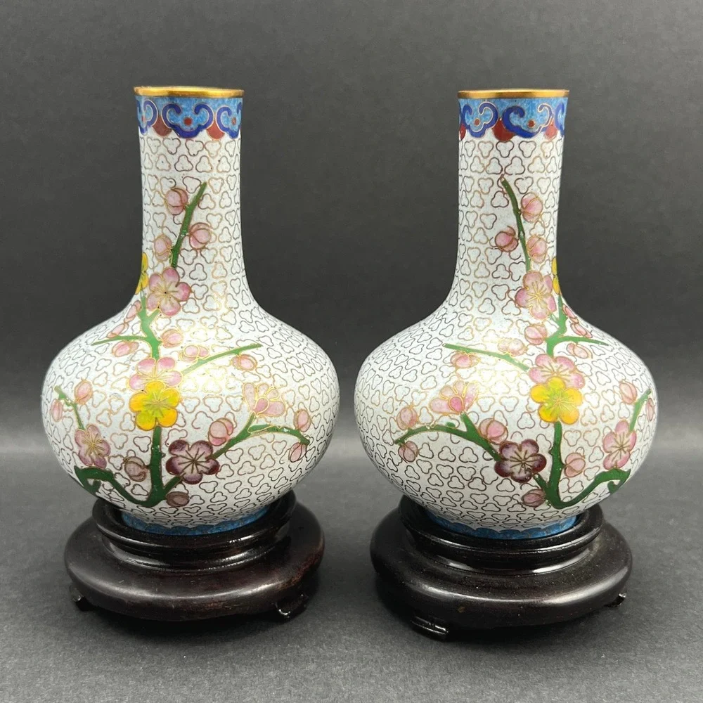 Vintage Cloisonne Vases Cherry Blossom White Pink Yellow Wood Stands Pair 4